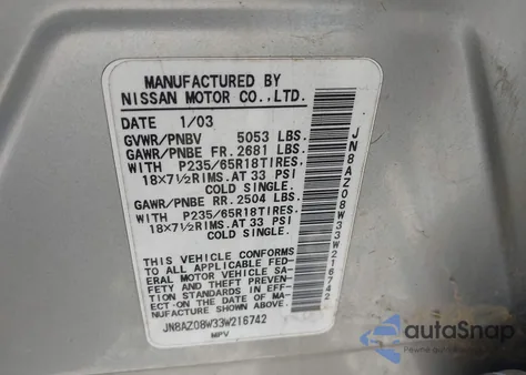 2003 Nissan Murano Sl/Se z USA, uszkodzony, nr VIN JN8AZ08W33W216742